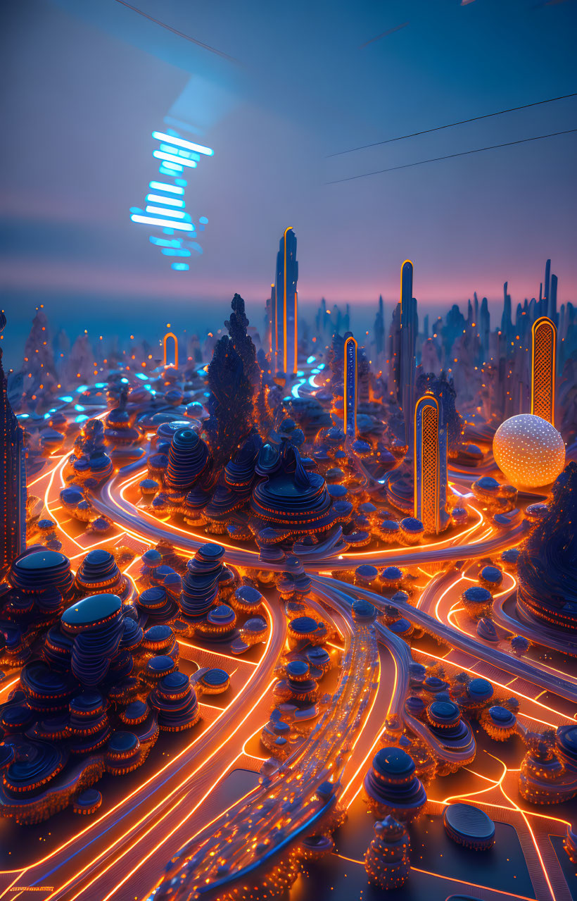 Futuristic cityscape with neon lights and spherical buildings at dusk