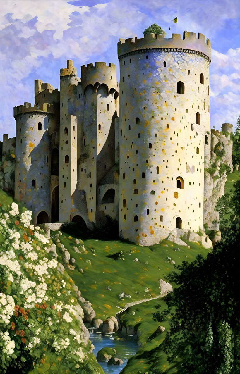 Medieval castle with multiple towers in lush green landscape with stream.