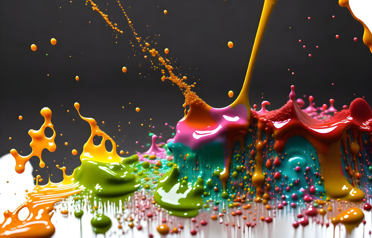 Multicolored paint splashes on dark background create vibrant abstract scene