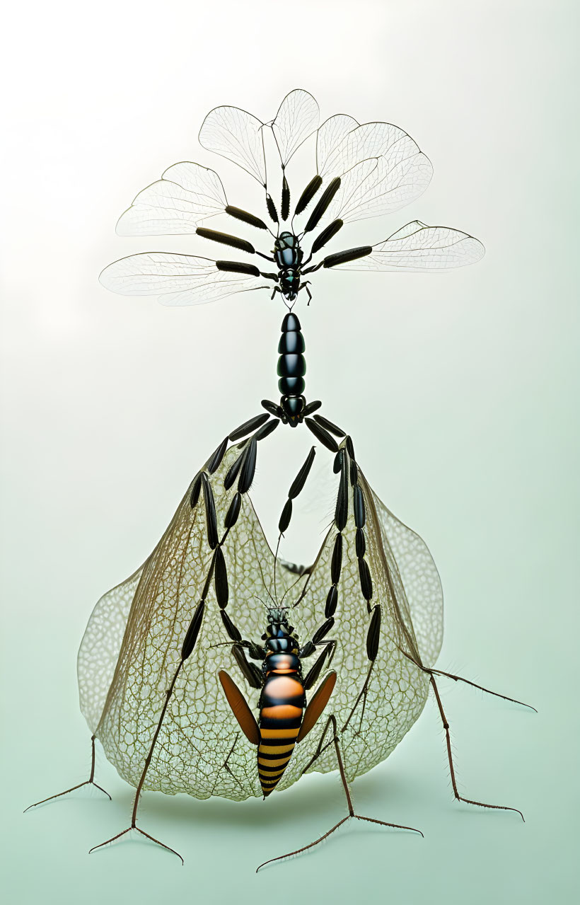 Whimsical mechanical insect on translucent sphere with vein-like structures