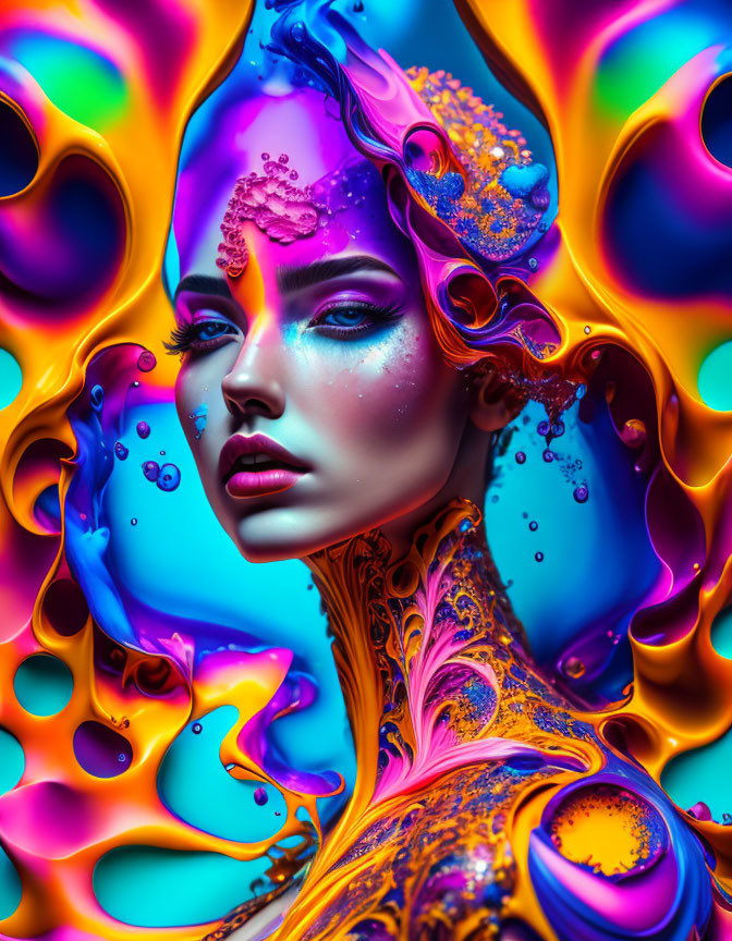 Colorful digital artwork: Blue-skinned female figure amidst vibrant psychedelic shapes