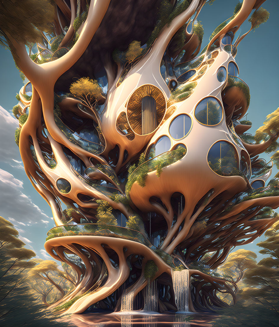 Fantastical tree with futuristic structure in lush forest