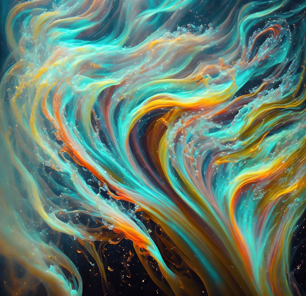 Abstract Iridescent Swirl in Blue, Orange, and Yellow on Dark Background