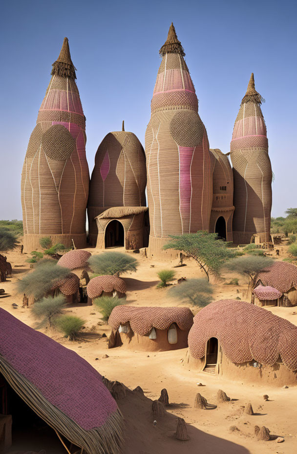 Traditional mud-brick buildings with conical thatched roofs in a desert landscape.