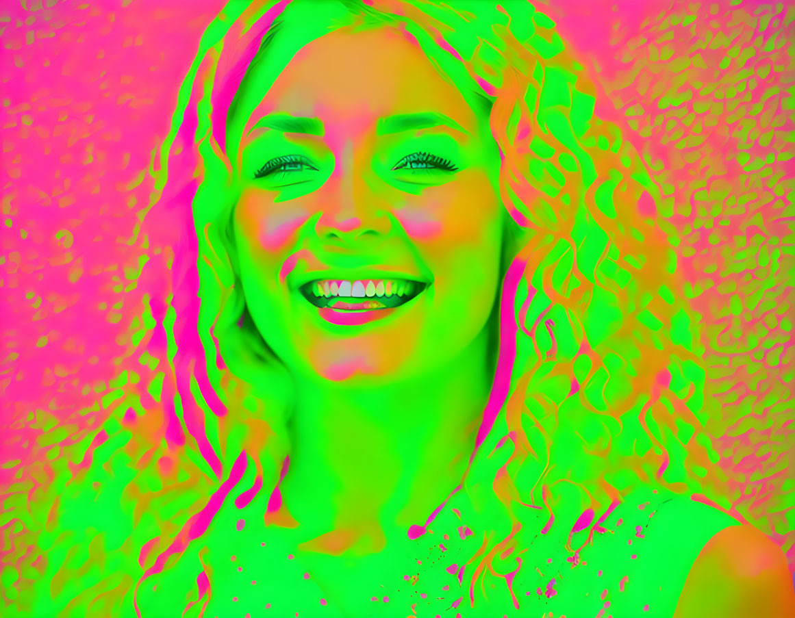 Digitally altered image of woman with curly hair in neon green and pink palette