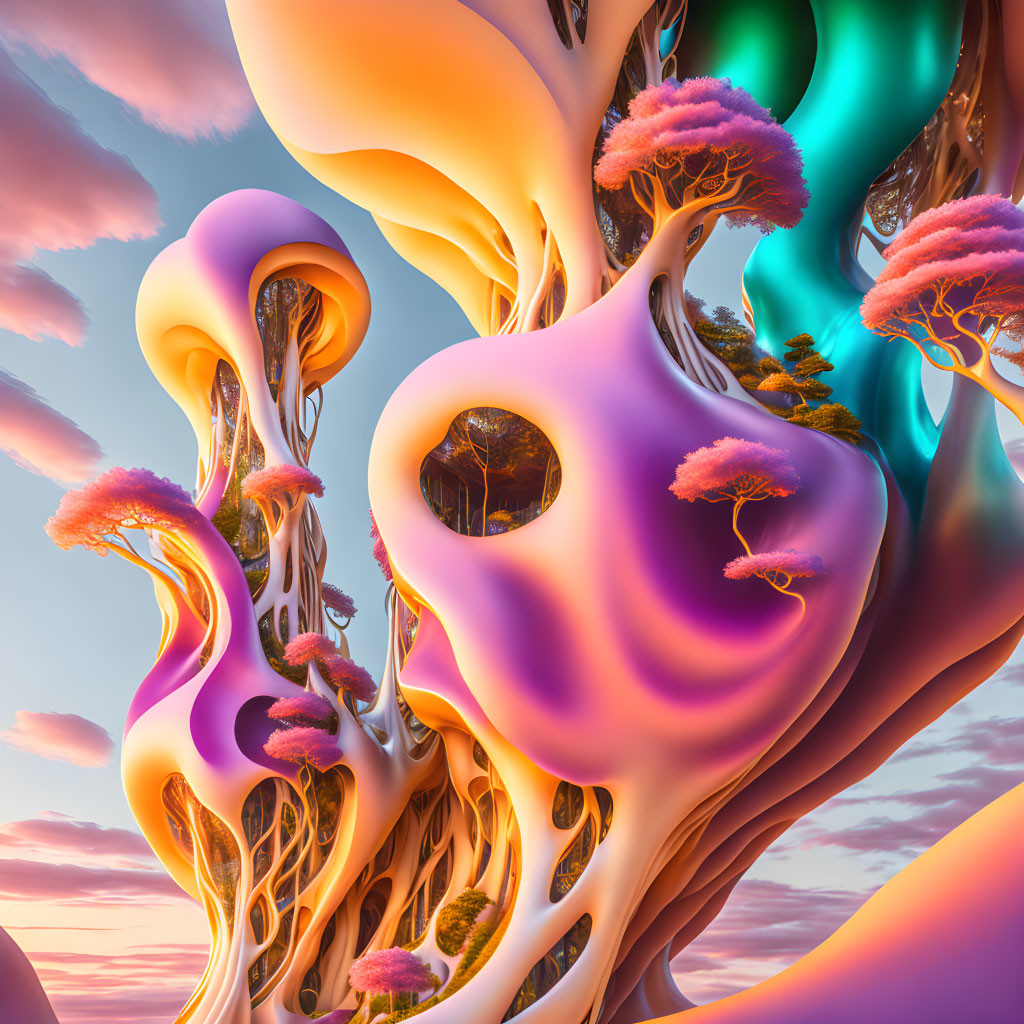 Surreal pastel landscape with twisted organic shapes and pink foliage