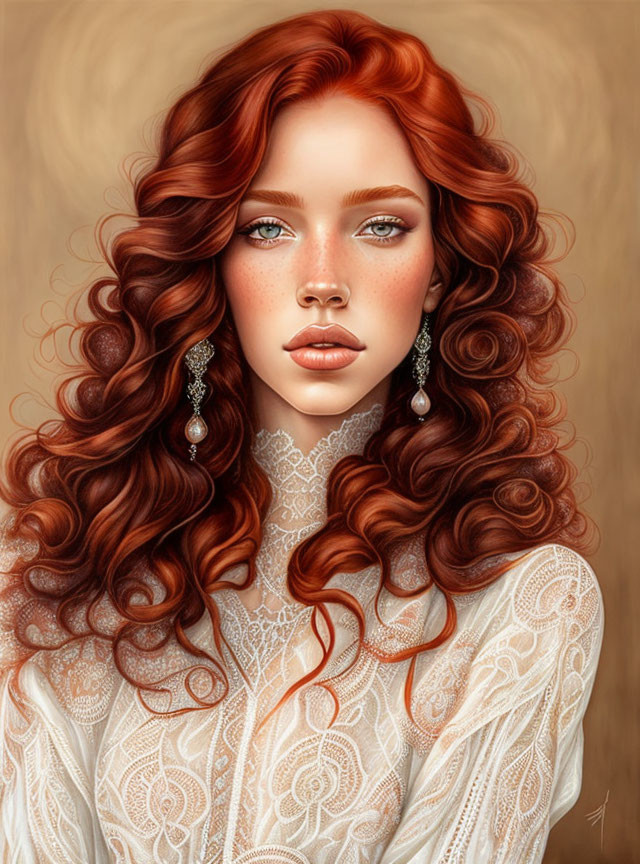 Digital portrait of woman with red curls, freckles, blue eyes, white lace clothing.