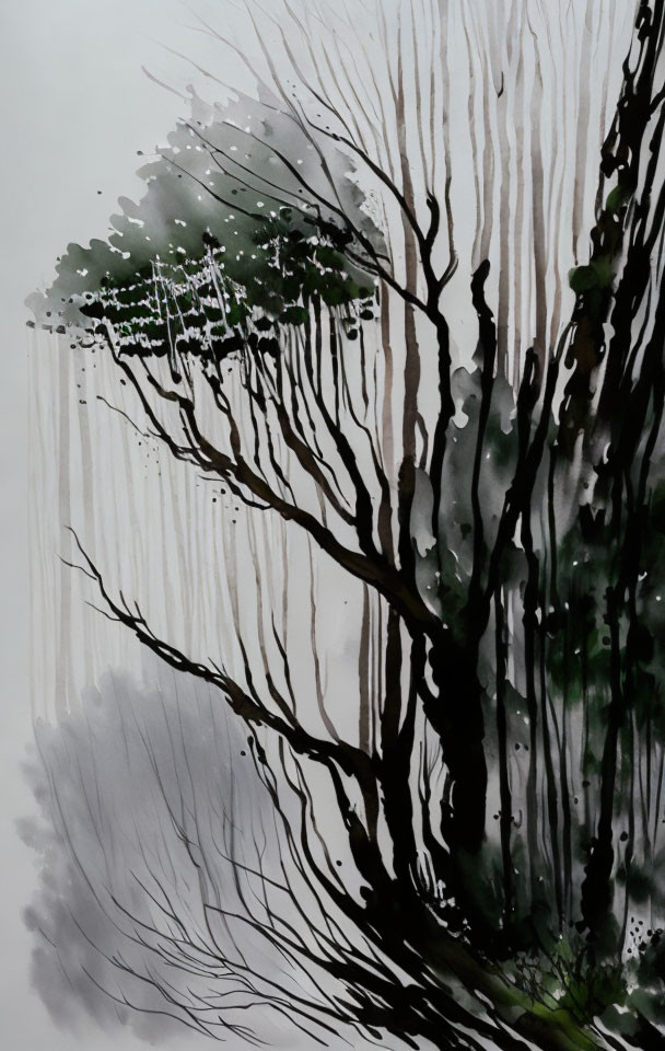 Monochromatic ink-wash painting of windswept tree in foggy backdrop