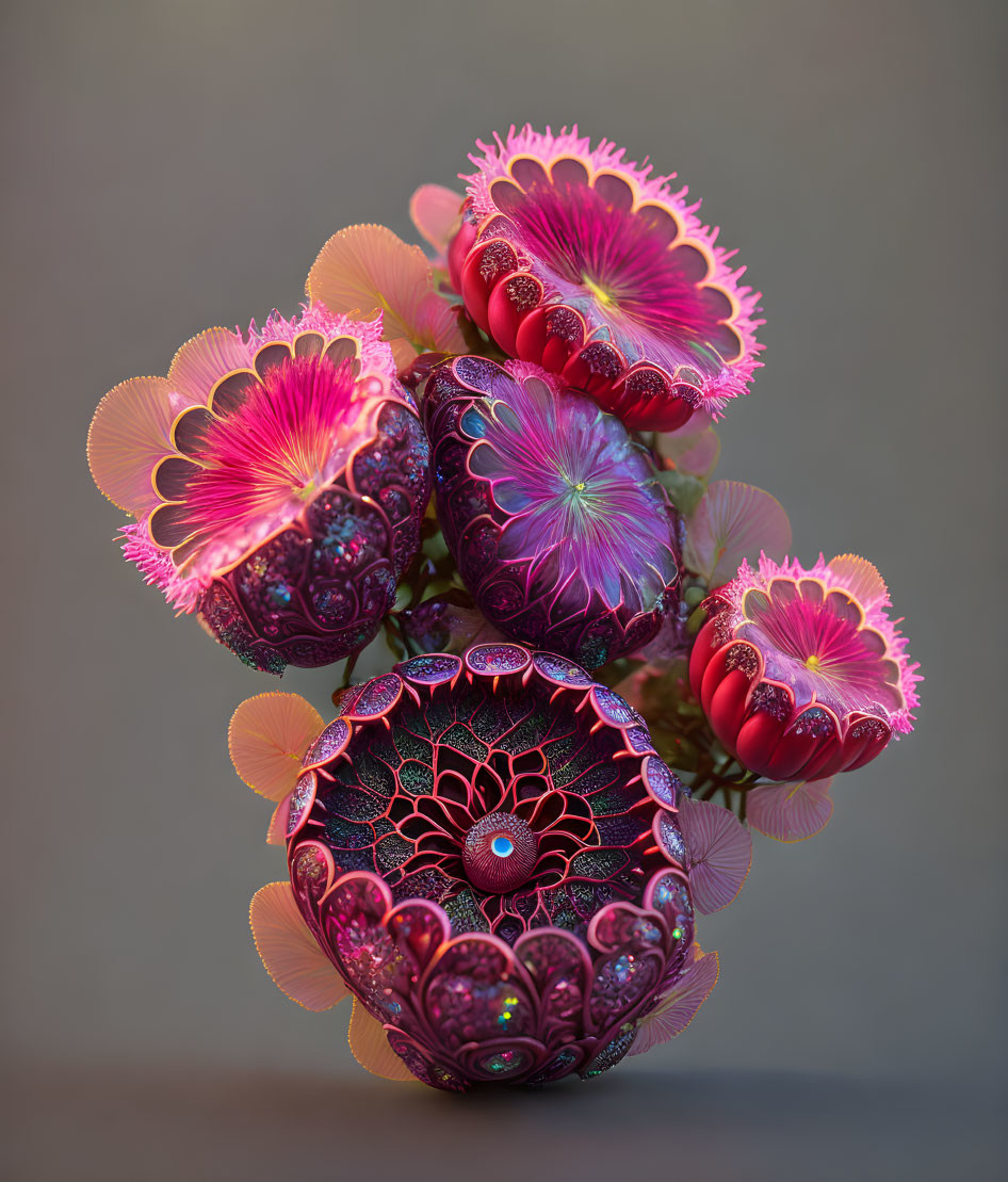 Neon-patterned spherical flower-like digital art on muted background