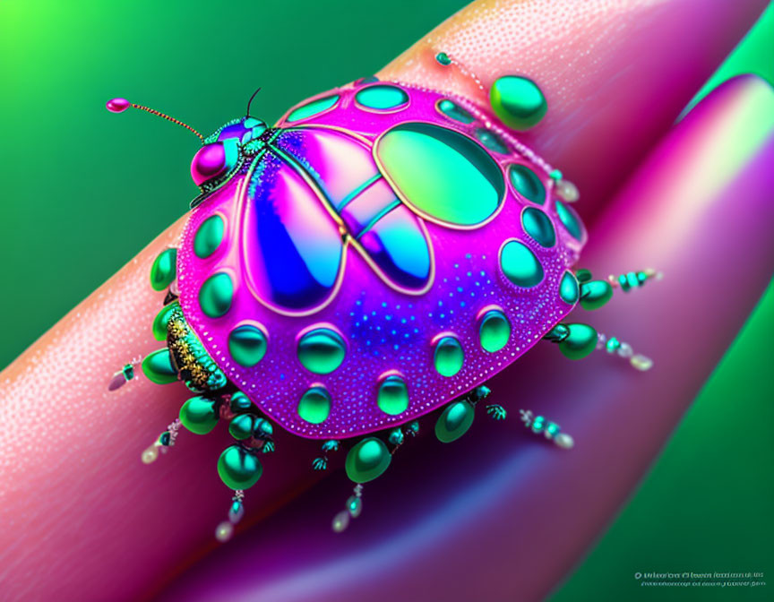 Colorful Ladybug with Iridescent Spots on Human Fingertip