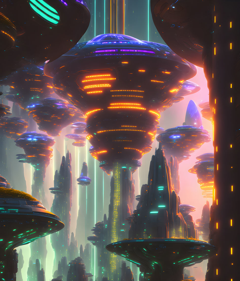 Futuristic sci-fi cityscape with neon-lit buildings and flying saucers