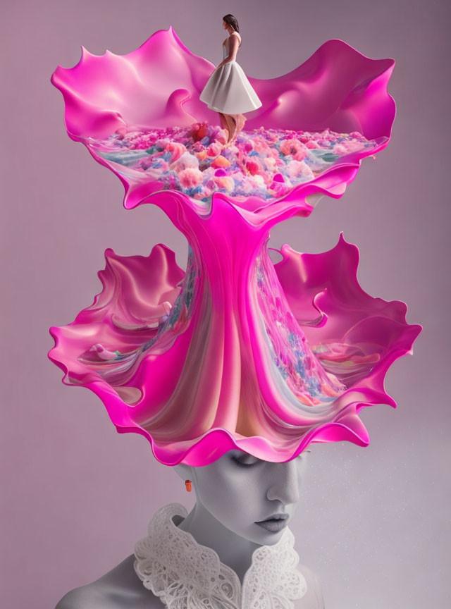 Woman blending into surreal pink floral splash in white costume