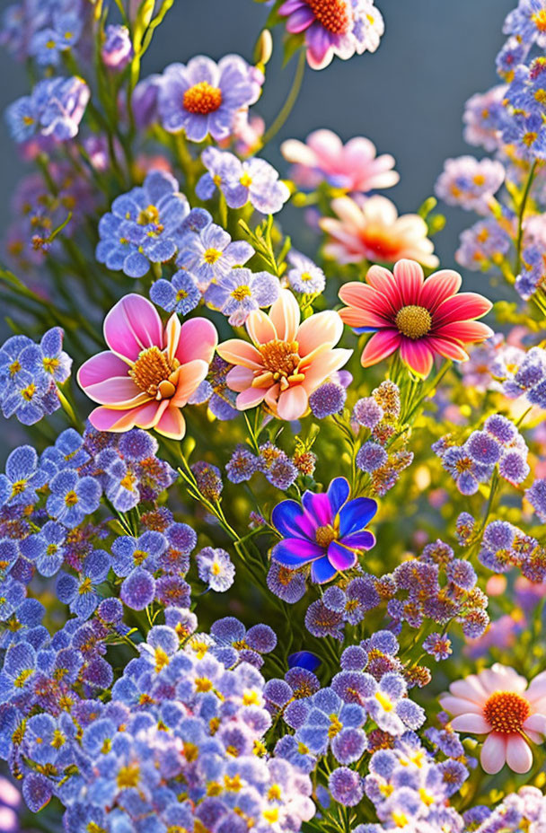 Colorful bouquet with pink daisies and purple blossoms in soft sunlight