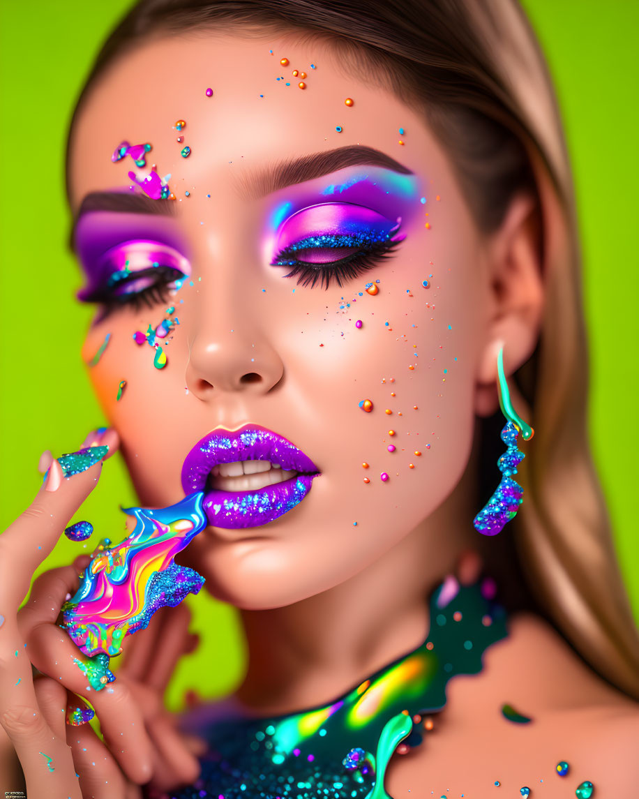 Colorful Makeup and Sequins Woman with Bright Purple Lipstick on Green Background