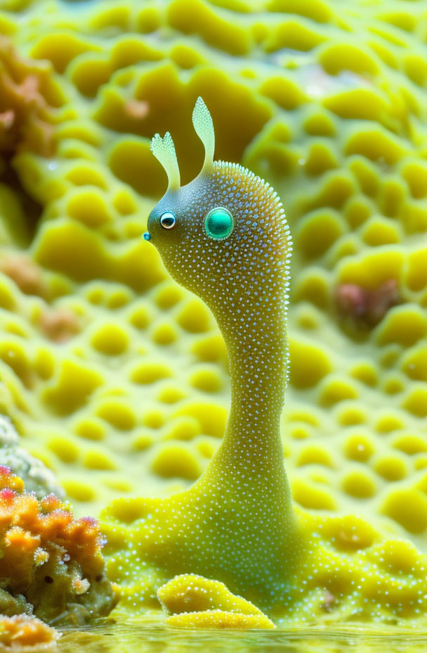 Colorful Sea Slug with Antennae on Yellow Coral Background