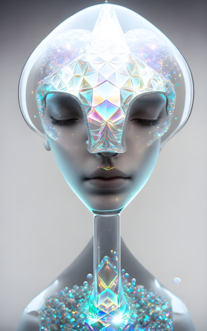 Reflective geometric face mask on futuristic mannequin head surrounded by glowing particles