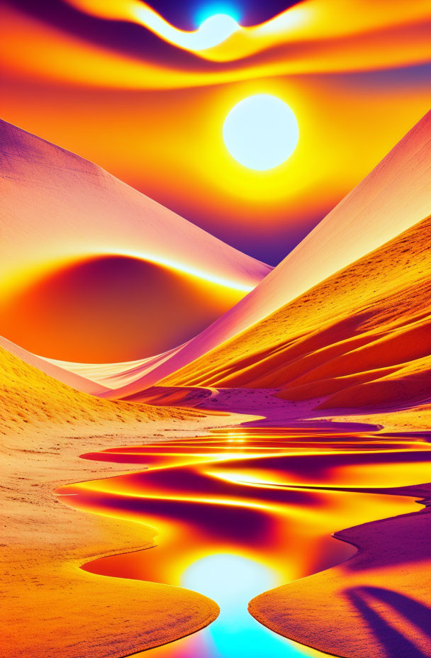 Vivid surreal desert landscape with sand dunes, water, and dual suns