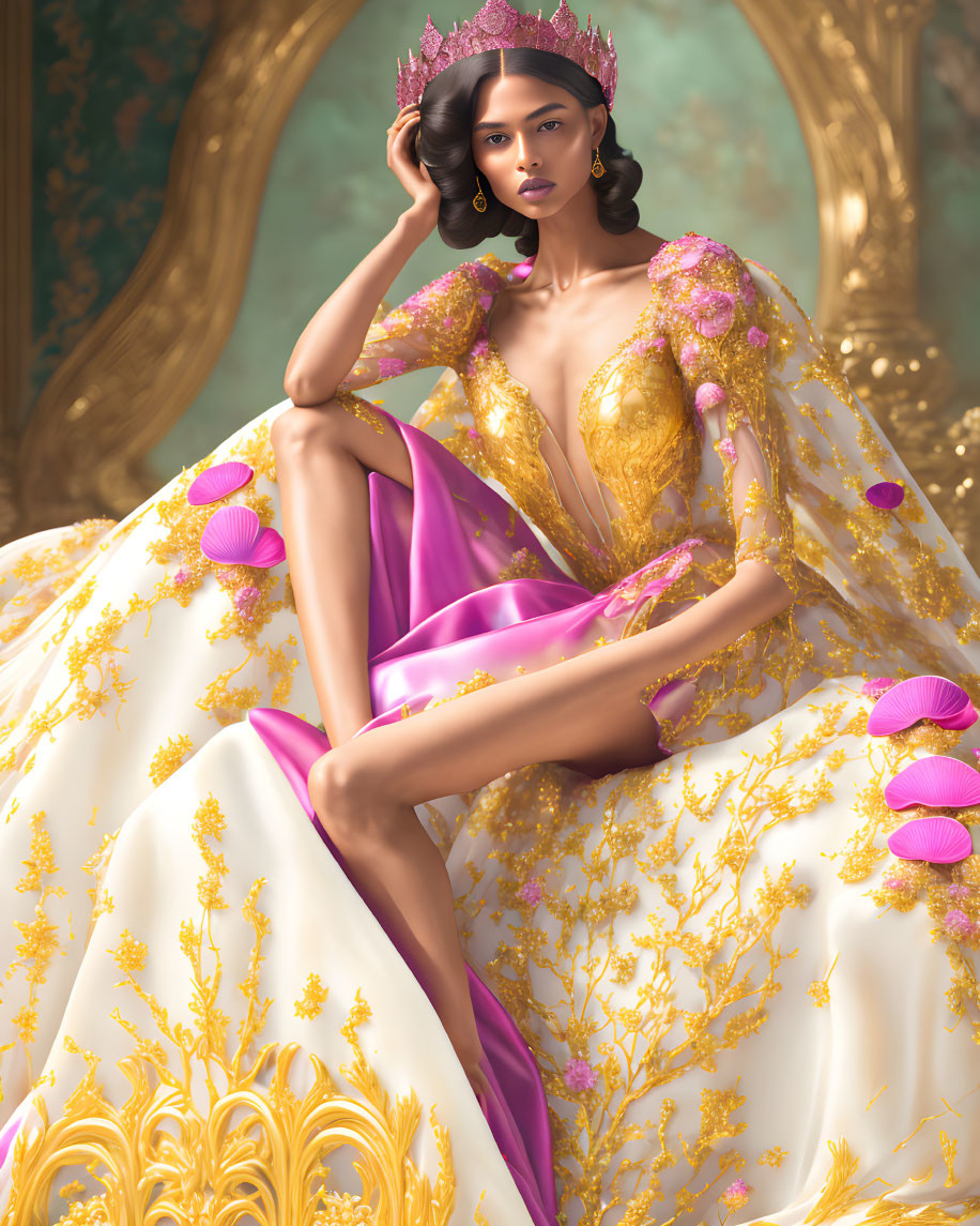 Elaborate golden and pink gown with crown and reflective pose