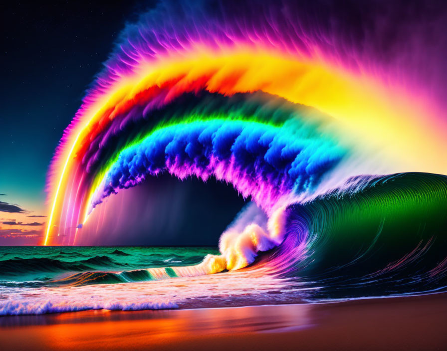 Digitally manipulated image of rainbow over wave in surreal ocean scene