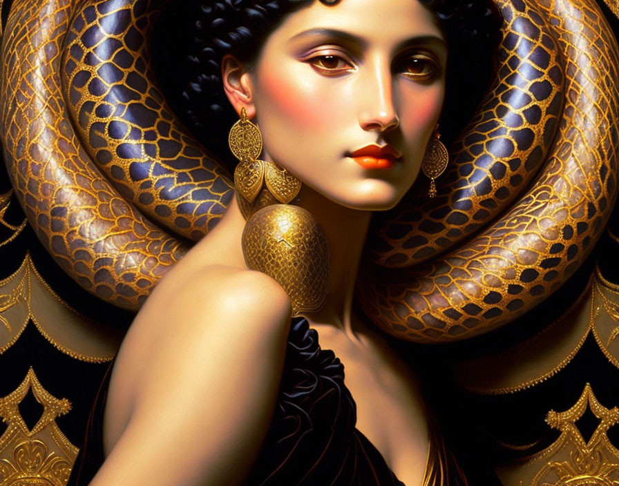 Woman with Golden Snake and Jewelry on Dark Background