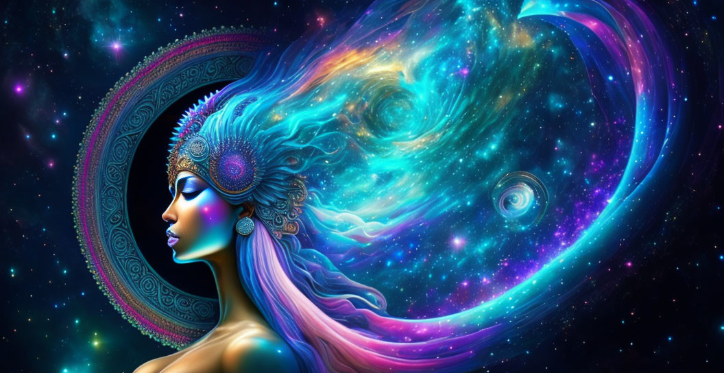 Digital art: Serene woman profile merges with cosmic galaxy background & celestial headgear.