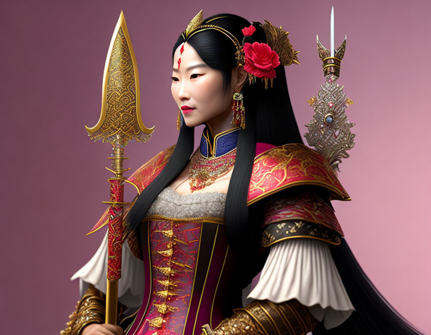 Regal woman in traditional armor with spear on pink background.