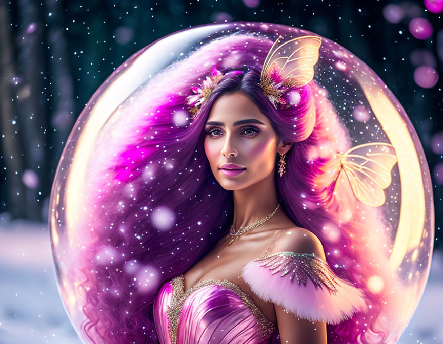 Fantasy illustration: Woman with purple & pink aura, butterflies, snowy forest.