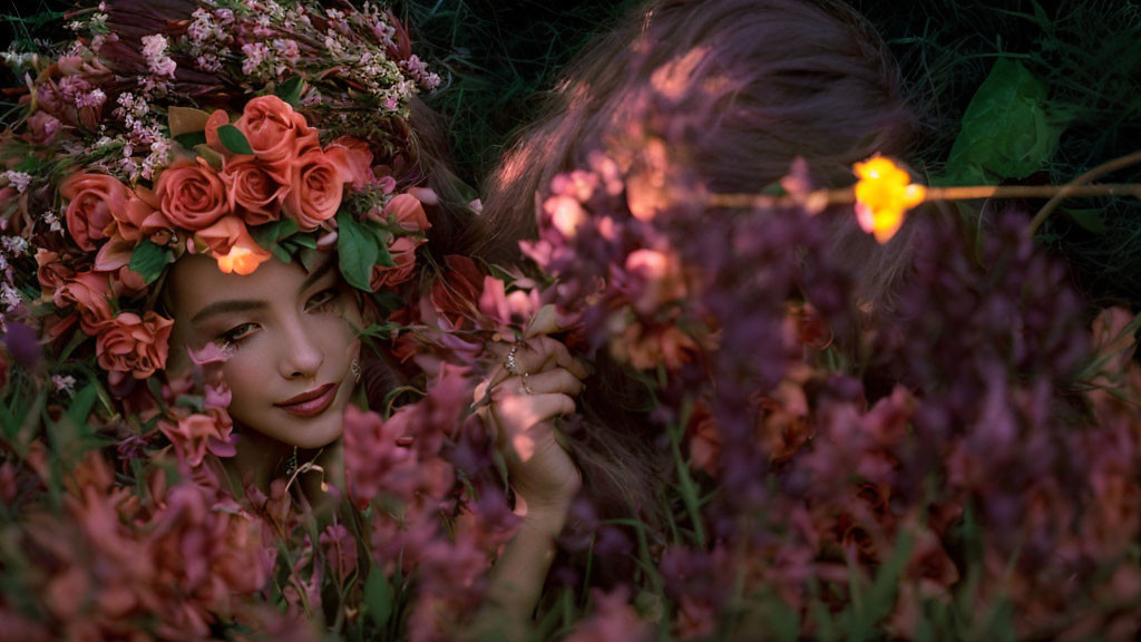 Woman with floral crown surrounded by vibrant flowers