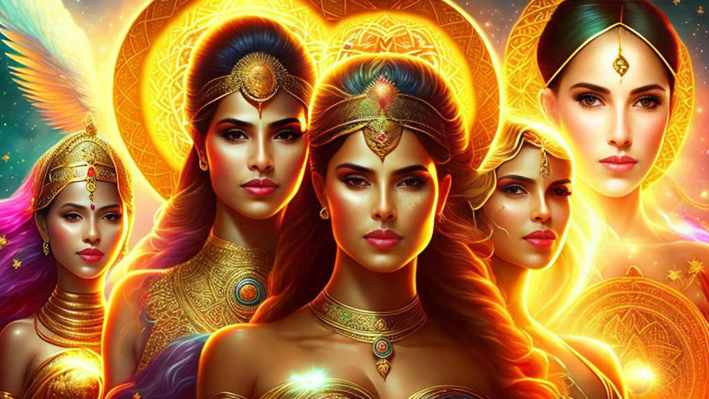 Five Women Adorned in Golden Jewelry Surrounded by Celestial Motifs