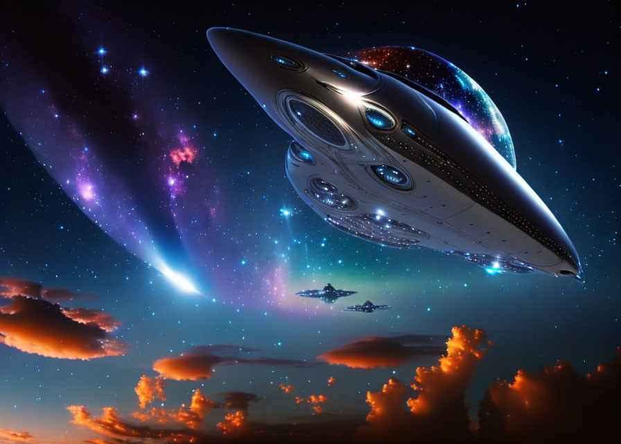 Futuristic spaceship in cosmic scene with vibrant clouds