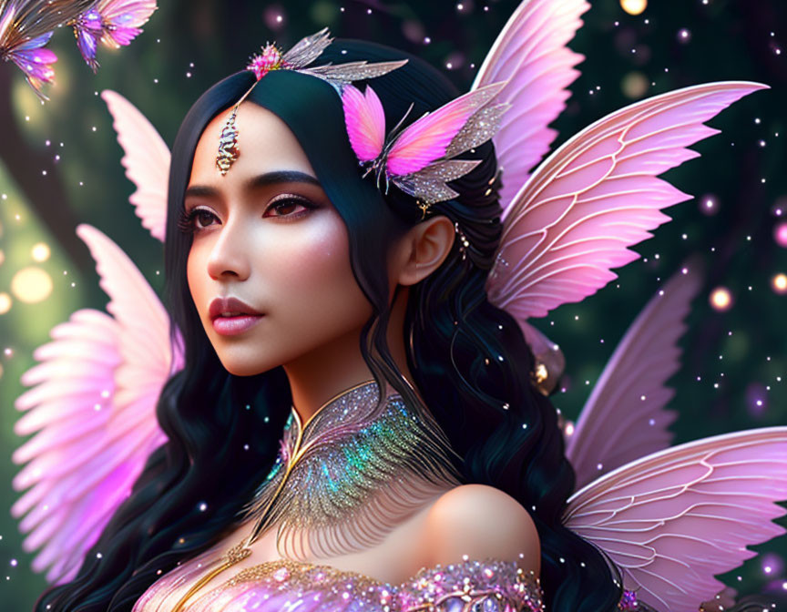 Fantasy female figure with dark hair and pink wings in magical setting