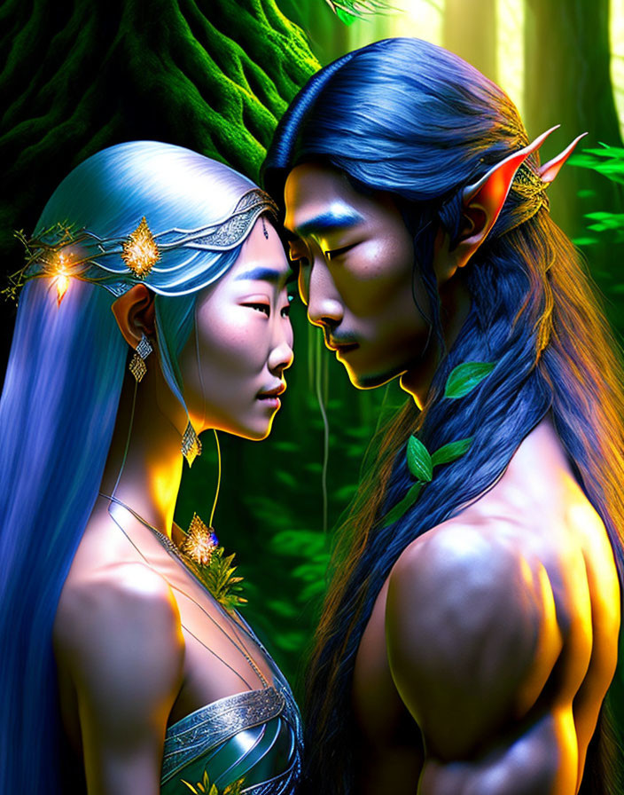 Fantasy elves with vibrant hair in mystical forest