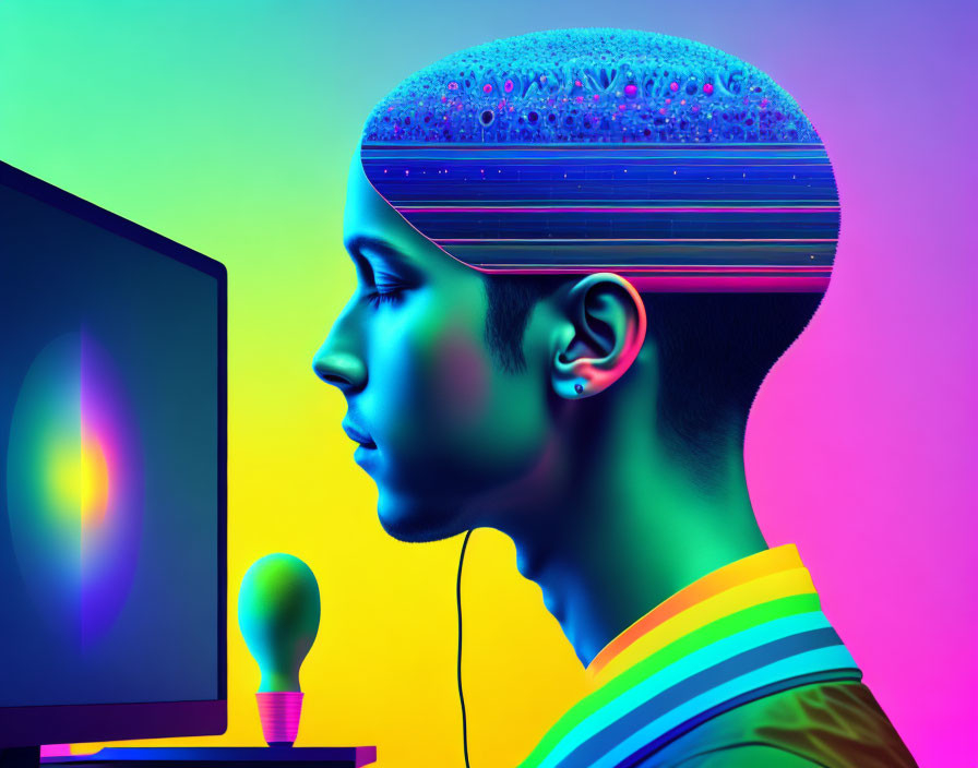 Digital Brain Profile with Neon Gradient Screen and Chess Piece