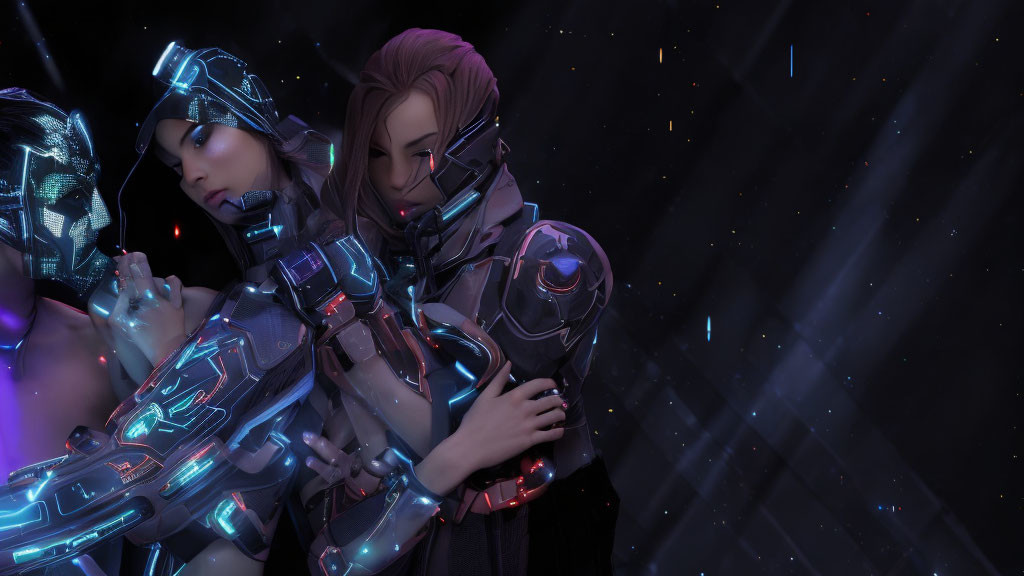 Futuristic female warriors in high-tech armor embrace under a starry sky