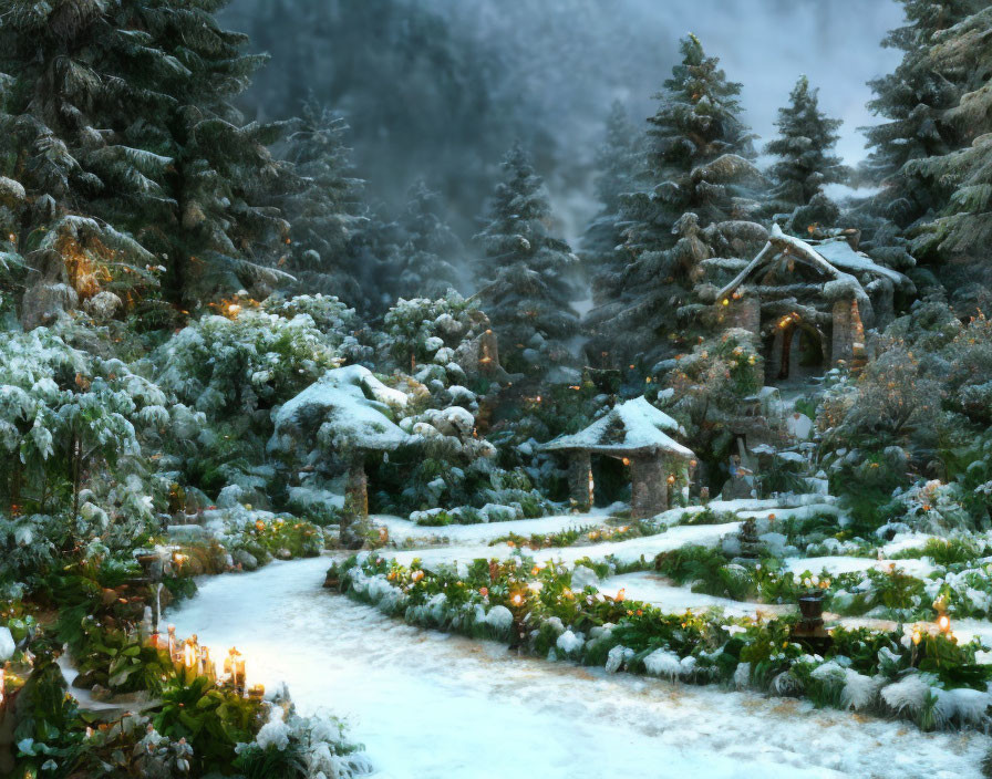 Winter scene: snow-covered pine trees, cozy cottage, candlelit path, soft mist.