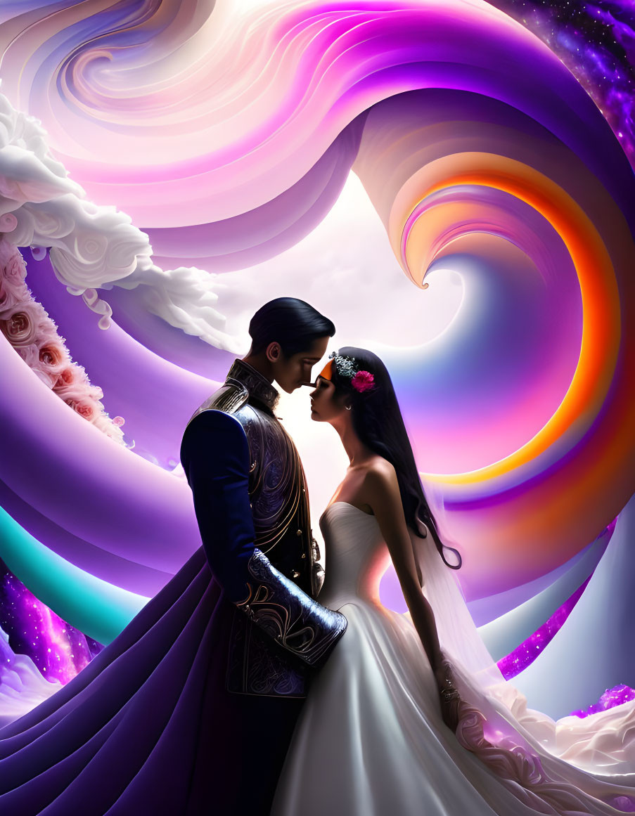 Romantic navy uniform couple in cosmic swirl setting