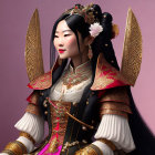 Regal woman in traditional armor with spear on pink background.