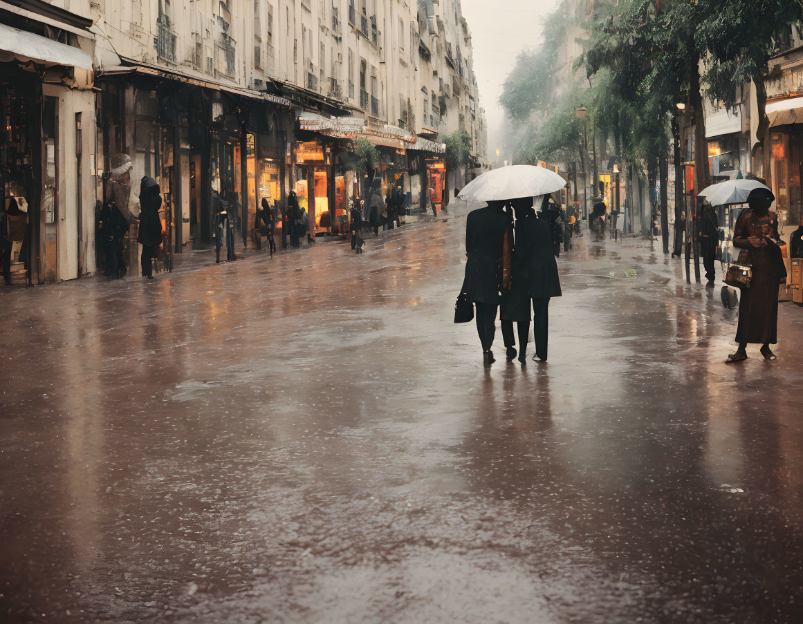 Couple Walking Under Umbrella in Rainy City Scene