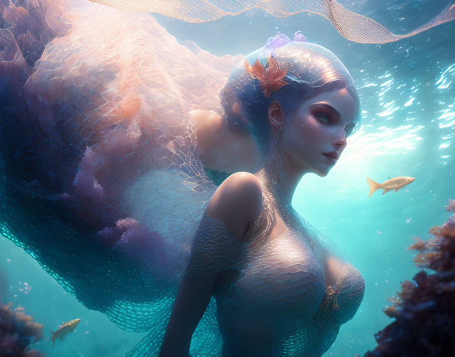 Mermaid in underwater scene with dappled sunlight, coral, and fish