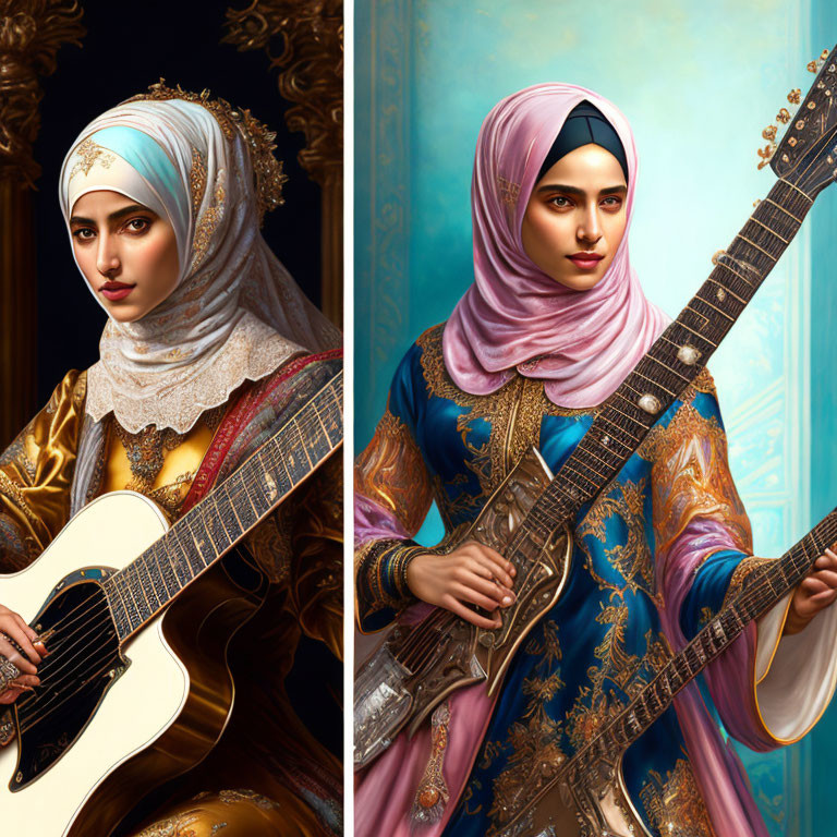 Illustrations of women in hijabs with guitar and sitar in ornate attire