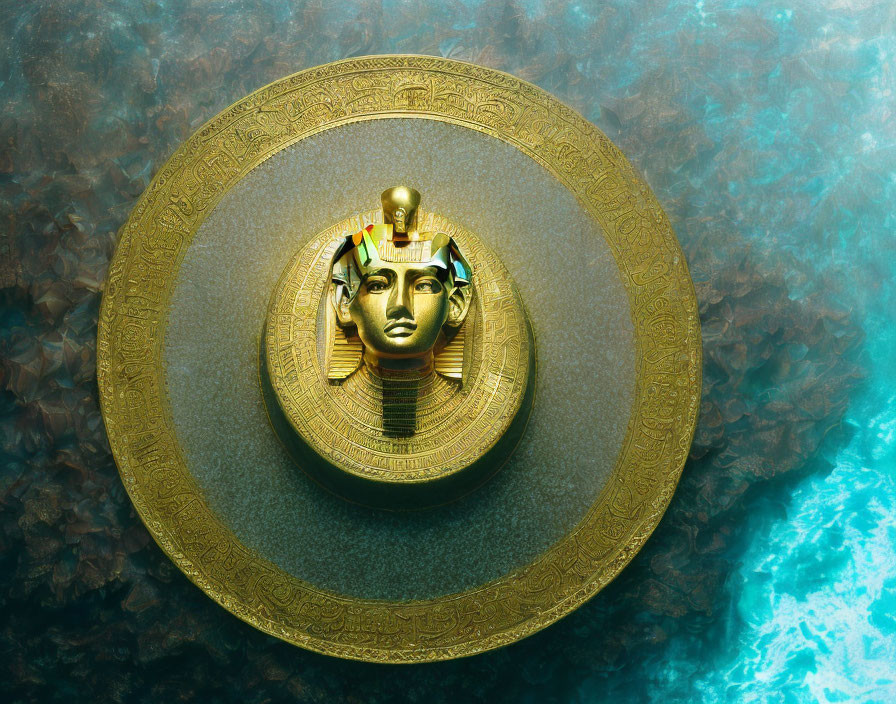 Golden Egyptian Pharaoh Mask Centerpiece on Decorative Plate with Ornate Border on Turquoise Background