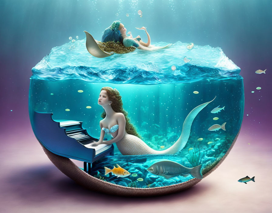 Surreal image: Large fishbowl with two mermaids, one playing piano, other swimming