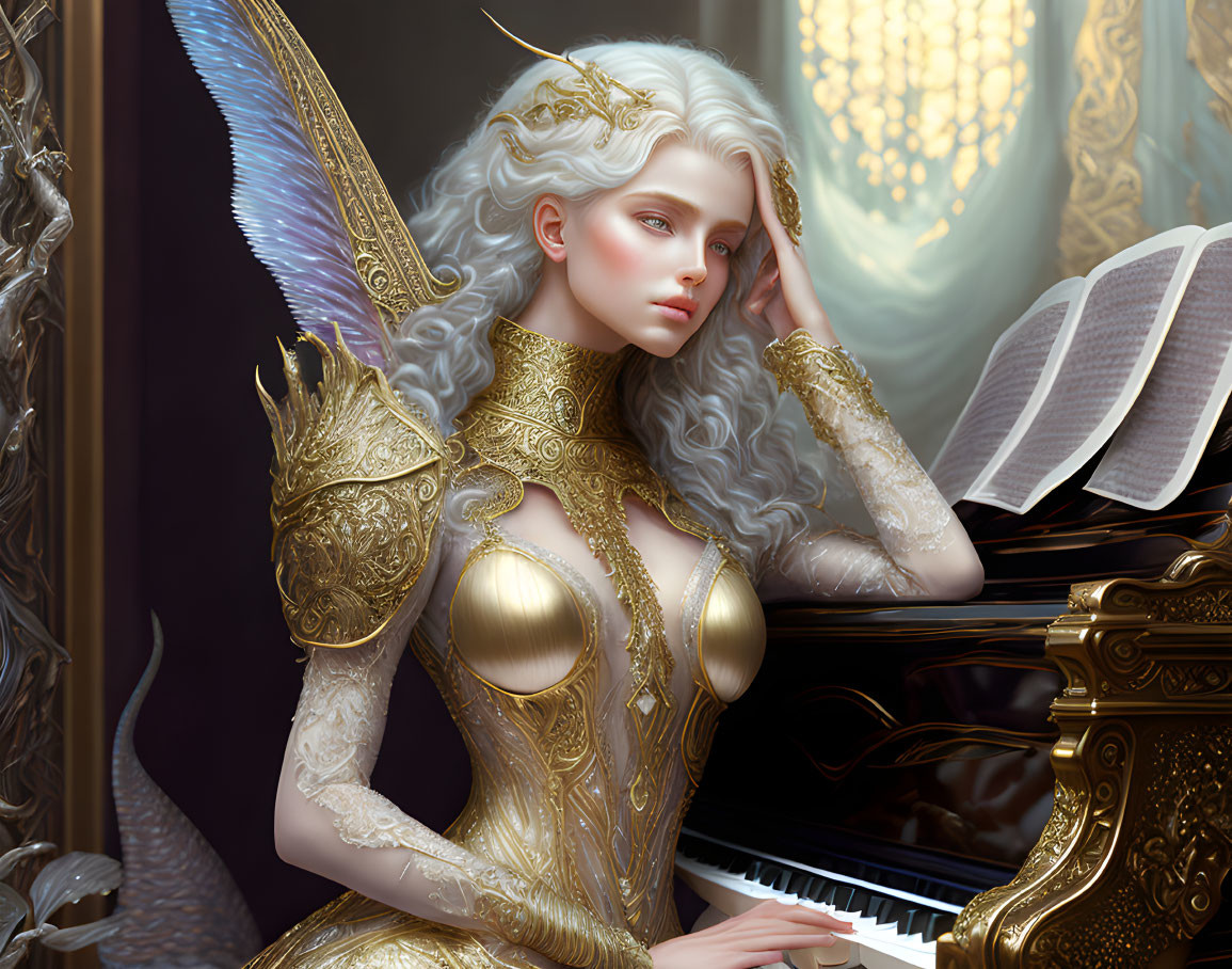 Silver-haired woman in golden armor reading by a piano in a fantastical setting