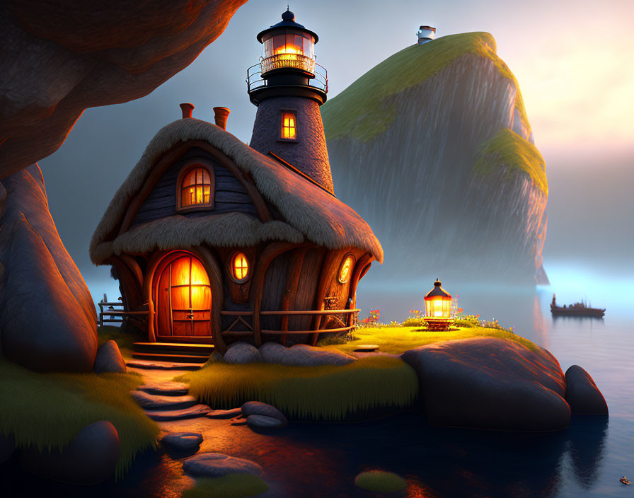 Quaint cottage with attached lighthouse on rocky shore at twilight