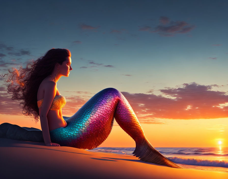 Iridescent-scaled mermaid on ocean rock at sunset