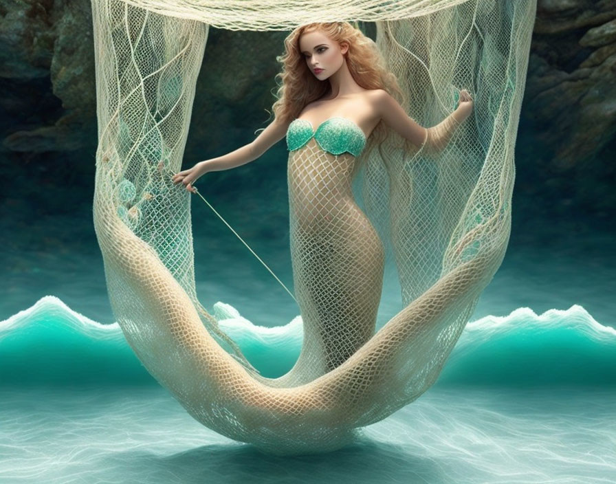 Mermaid digital art: Red-haired mermaid in fishing net by the sea