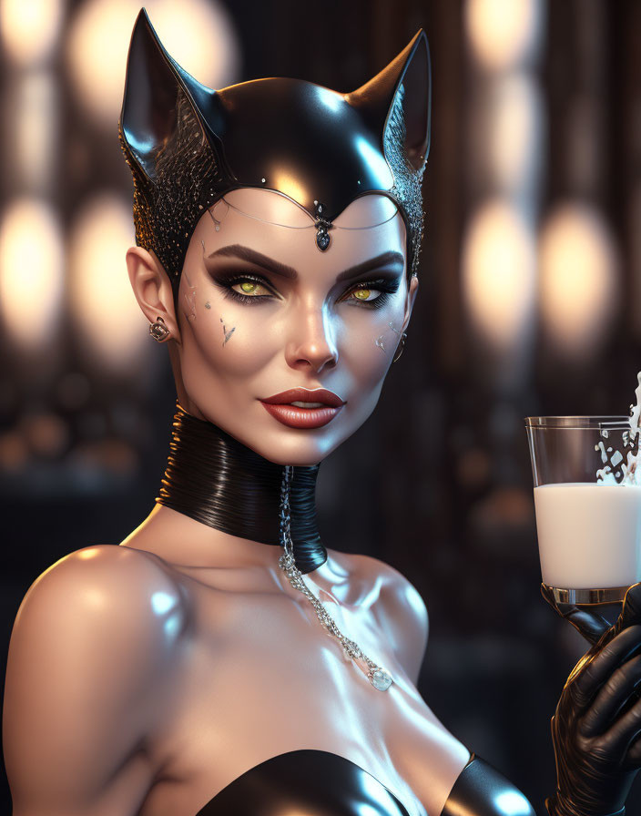 Woman with Cat Ears in Dramatic Makeup Holding Glass of Milk