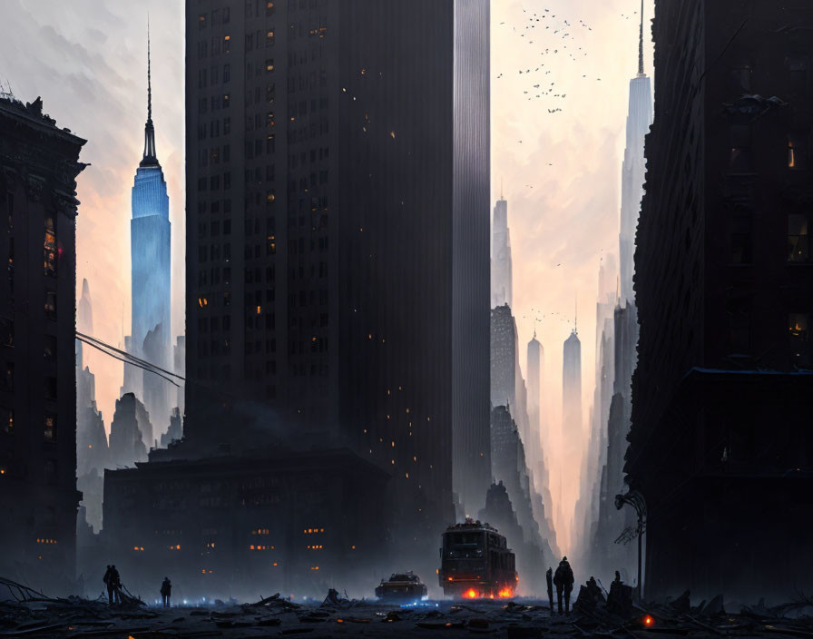 Dystopian cityscape with abandoned vehicles and futuristic airship