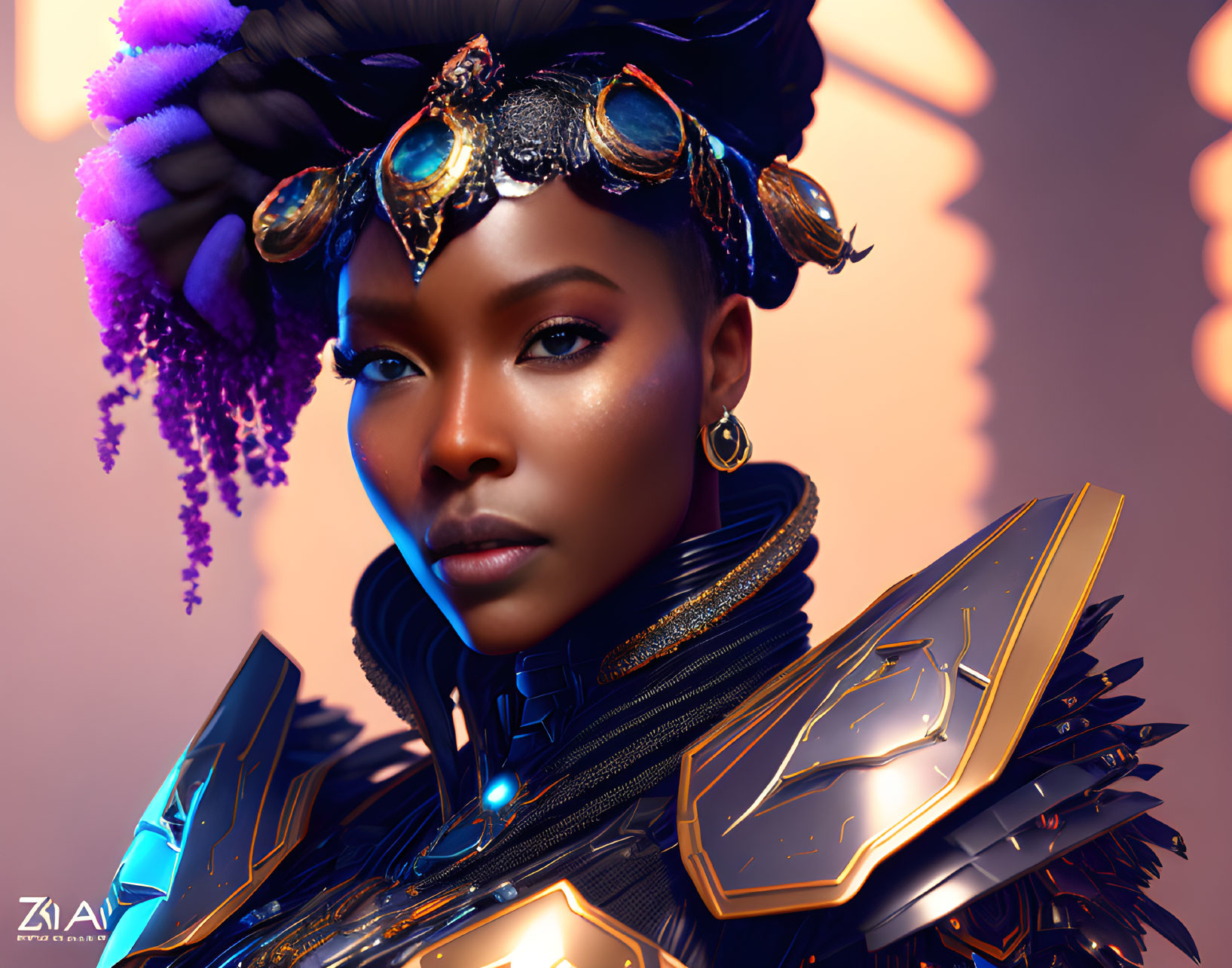 Futuristic digital artwork of woman in ornate headdress and armor