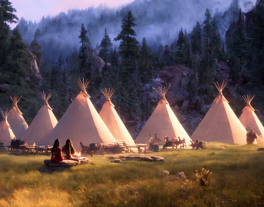 Group of tepees in forest clearing at dusk with campfire and people, misty trees.